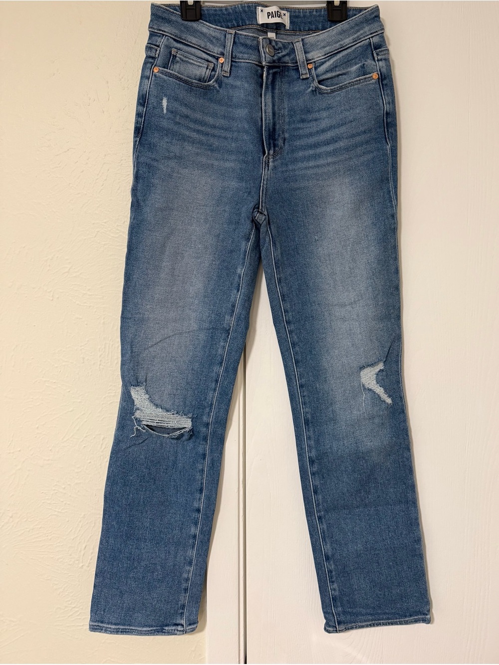 PAIGE Skinny Leg Jeans in Light Blue Distressed